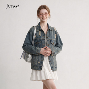 Jynve 美式复古做旧牛仔外套女2026秋新款设计感毛边破洞宽松夹克