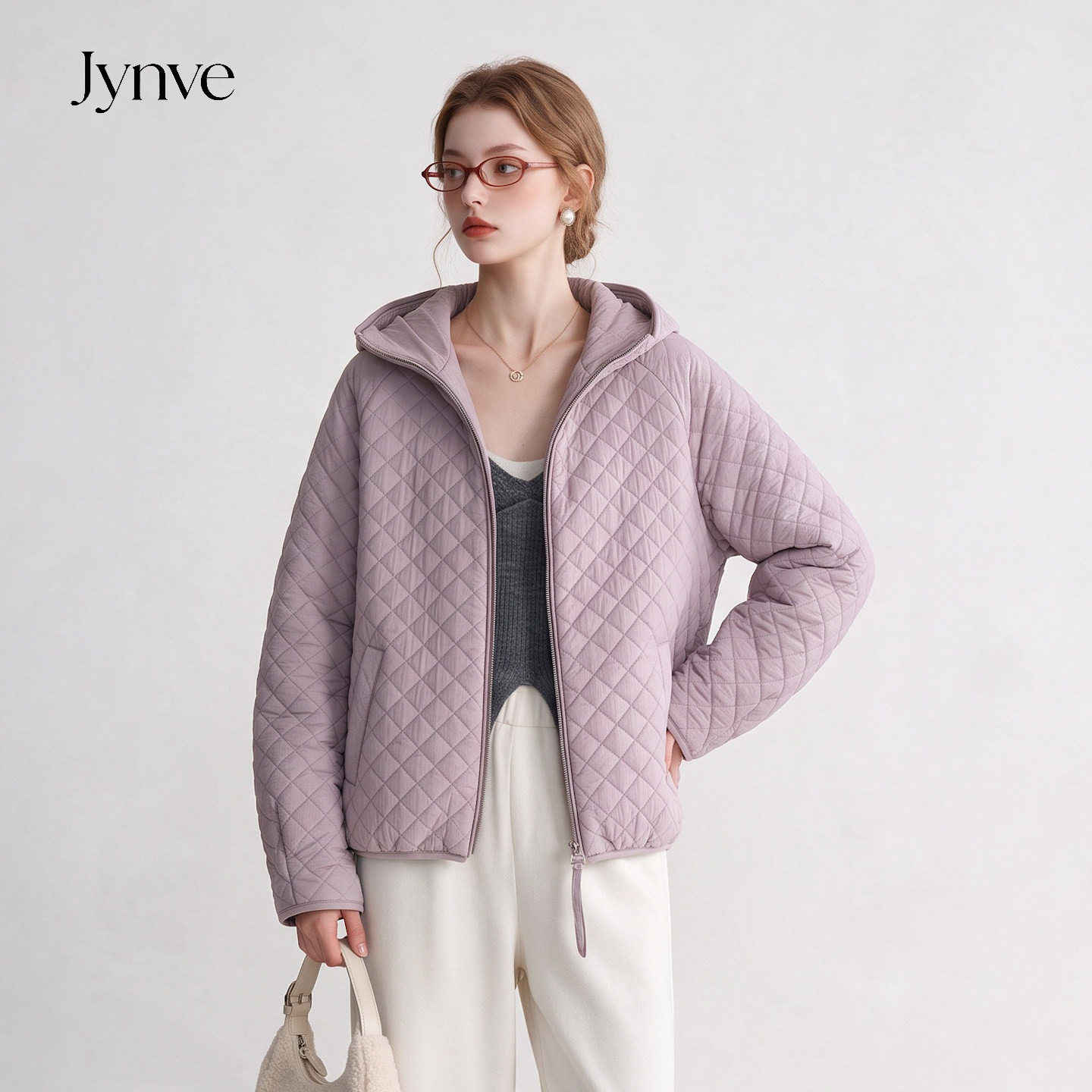 Jynve 淡紫色菱格棉服女2026冬新款韩系连帽加厚保暖棉衣夹棉外套