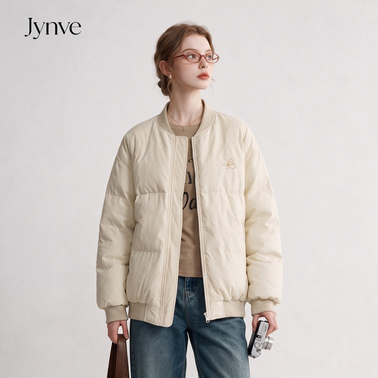 Jynve 米白色韩系棒球服羽绒服女2026冬新款90白鸭绒保暖加厚外套