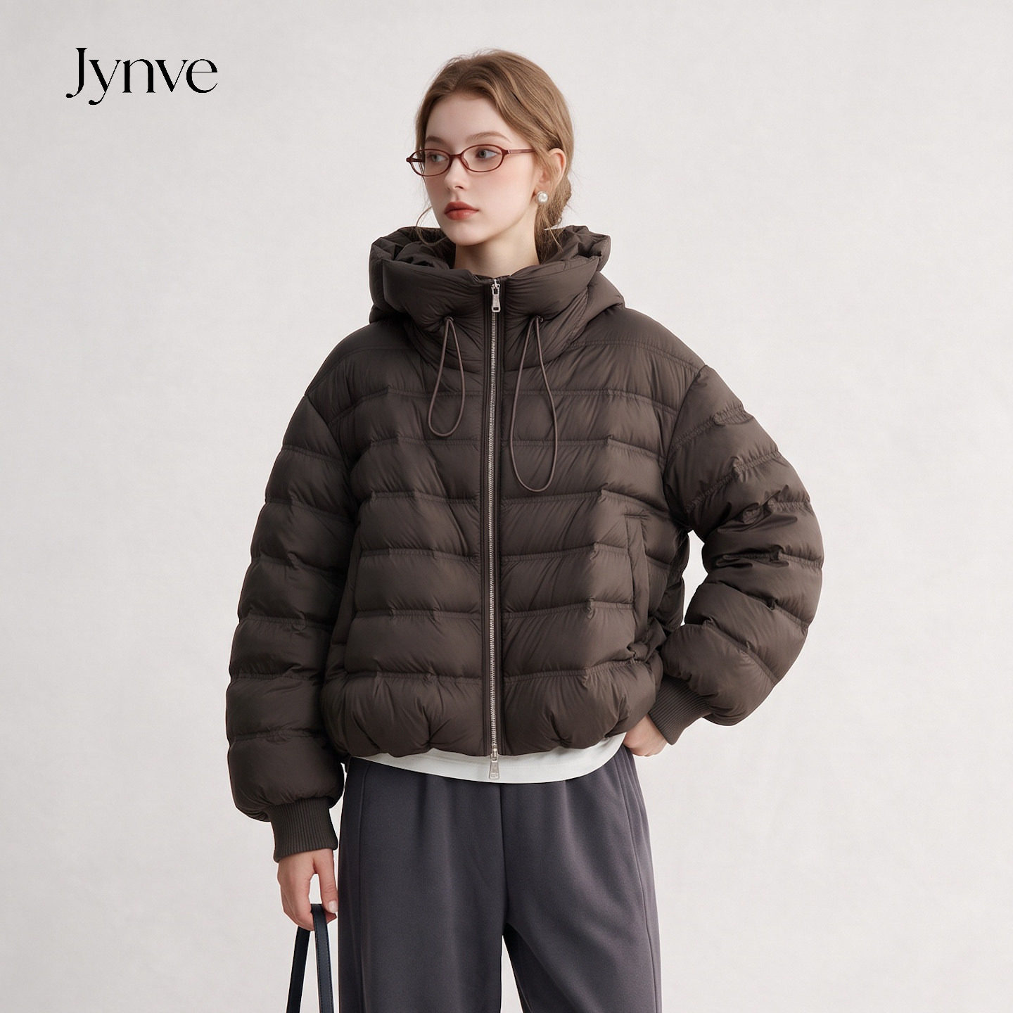 Jynve 咖色韩系复古排骨羽绒服女2026冬新款连帽宽松90白鸭绒外套