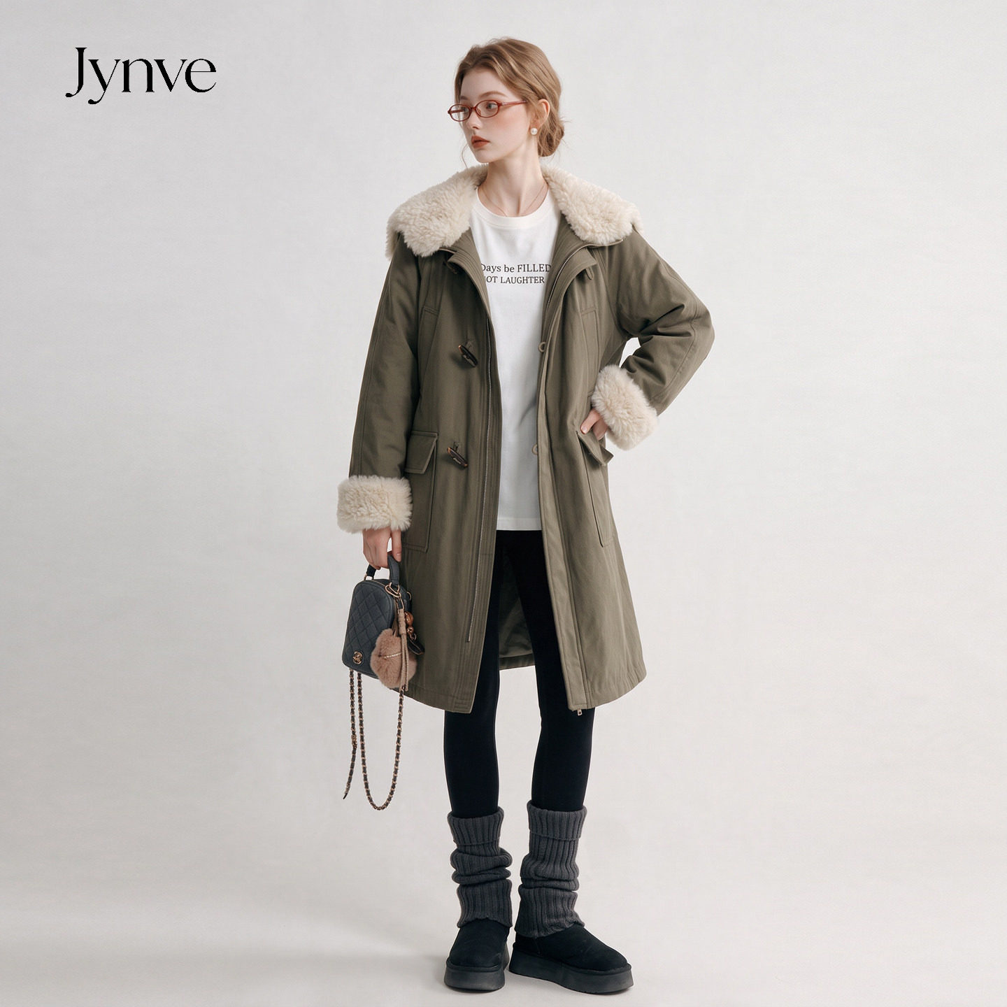 Jynve 军绿色大毛领工装派克服女2026冬复古牛角扣中长款保暖外套