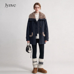 Jynve 藏青色大毛领派克羽绒服女2026冬韩系复古保暖90白鸭绒外套