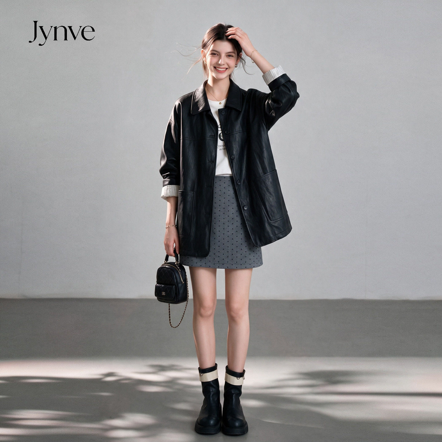 Jynve 黑色高级感PU皮衣外套女2026秋季复古翻领宽松皮夹克中长款