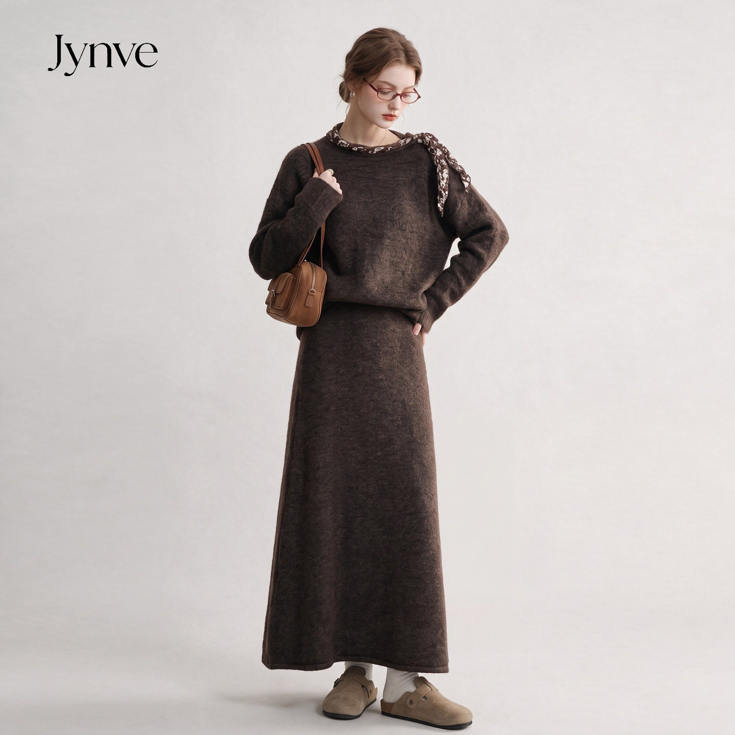 Jynve 法式复古慵懒风针织套装裙女2026秋冬丝巾毛衣半身裙两件套