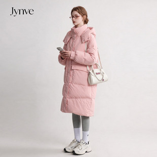 Jynve 超好看粉色连帽羽绒服女2026冬季中长款宽松保暖白鸭绒外套