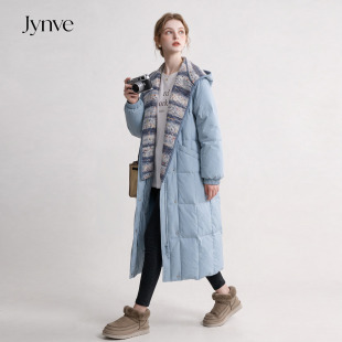 Jynve 巨好看蓝色针织连帽羽绒服女2026冬季中长款加厚保暖外套