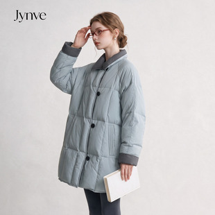 Jynve 雾蓝色韩系羽绒服女2026冬新款中长款宽松90白鸭绒保暖外套