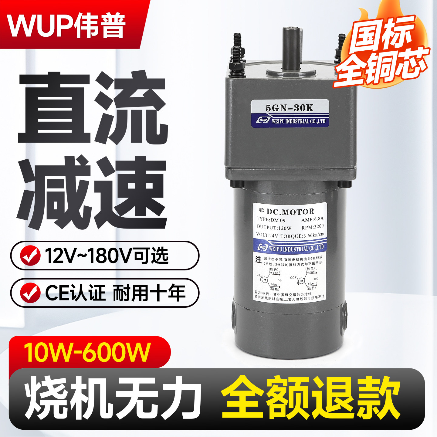 伟普直流减速电机12v24v90v微型直流马达正反转20w30w60w大扭矩力