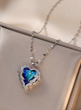 【蓝水晶】海洋之心项链女欧美跨境爆款铜微镶锆吊坠不锈钢锁骨链