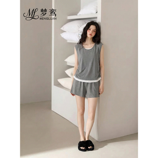 外穿家居服套装 梦鸾假两件睡衣女夏季 背心上衣短裤 带胸垫无袖 薄款