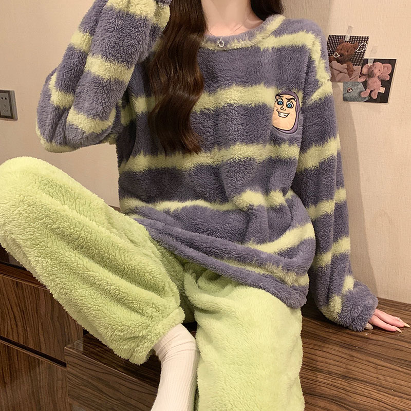 珊瑚绒睡衣女秋冬季加绒加厚套装