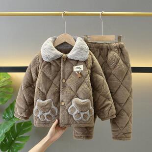 冬季儿童睡衣加厚加绒夹棉套装男孩子法兰绒中大童撞色翻色家居服