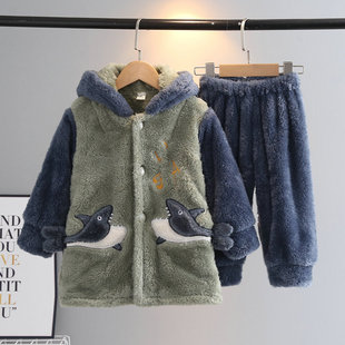 秋冬中长款儿童睡衣套装卡通长毛绒收口家居服男童带帽法兰绒睡衣