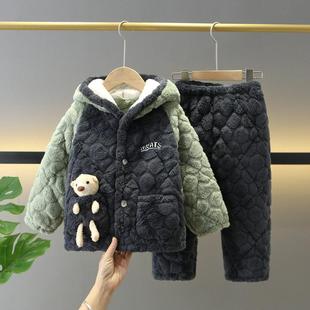 冬季儿童睡衣三层加厚夹棉带帽男孩童宝宝小中大童保暖家居服连帽