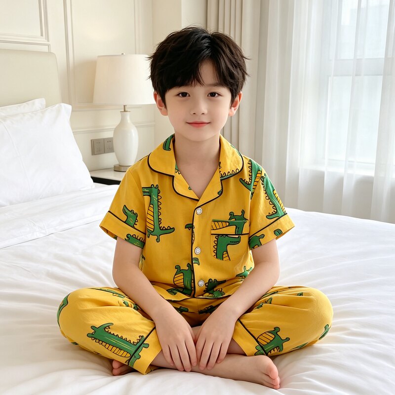 短袖长裤单层纯棉纱布小孩家居服