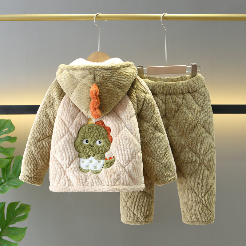 冬季儿童睡衣法兰绒三层加厚夹棉男中大童孩子恐龙家居服套装带帽