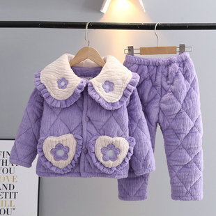 儿童睡衣冬季三层加厚夹棉法兰绒女童中大童公主风家居服保暖套装