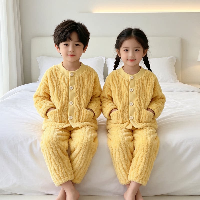 秋冬季儿童法兰绒睡衣加厚加绒男童居家服休闲中大女童珊瑚绒套装