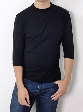 春款7分袖T恤男修身中袖纯棉小半高领打底衫立领紧身百搭春秋上衣