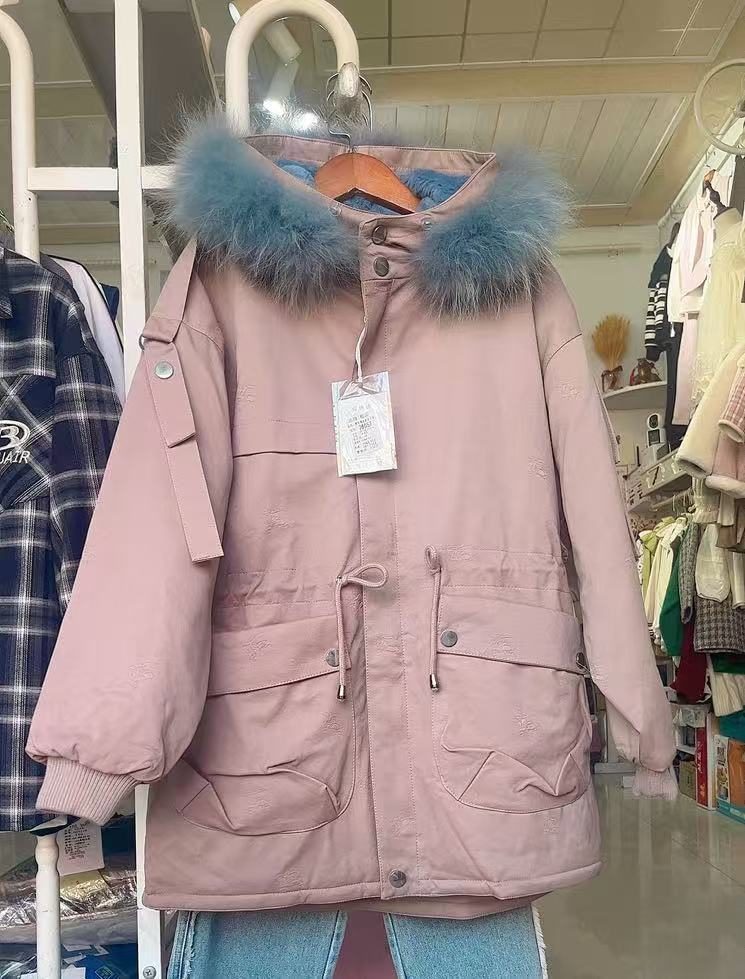 24冬季新款韩版派克pu棉服抽绳宽松连帽休闲大毛领工装保暖外套潮