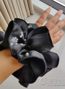 气质百搭炫酷风黑色动感珍珠大肠发圈女欧根纱小蛮腰扎马尾发绳