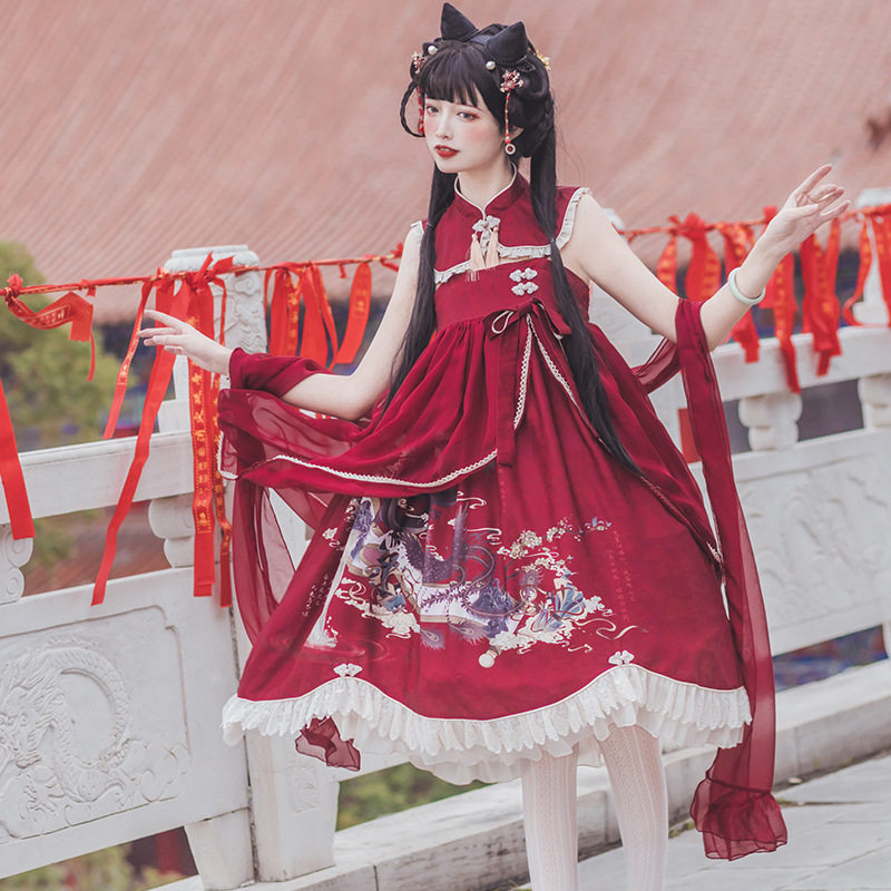 原创设计山河卷汉元素lolita中国风洛丽塔连衣裙全套jsk内搭披帛