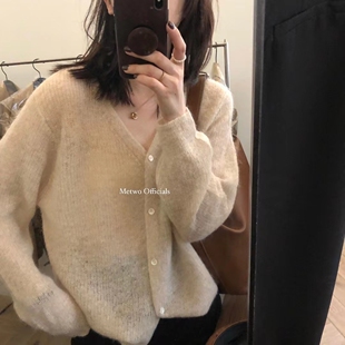 METWO镂空马海毛针织开衫女2023春温柔慵懒风毛衣女宽松外穿1865