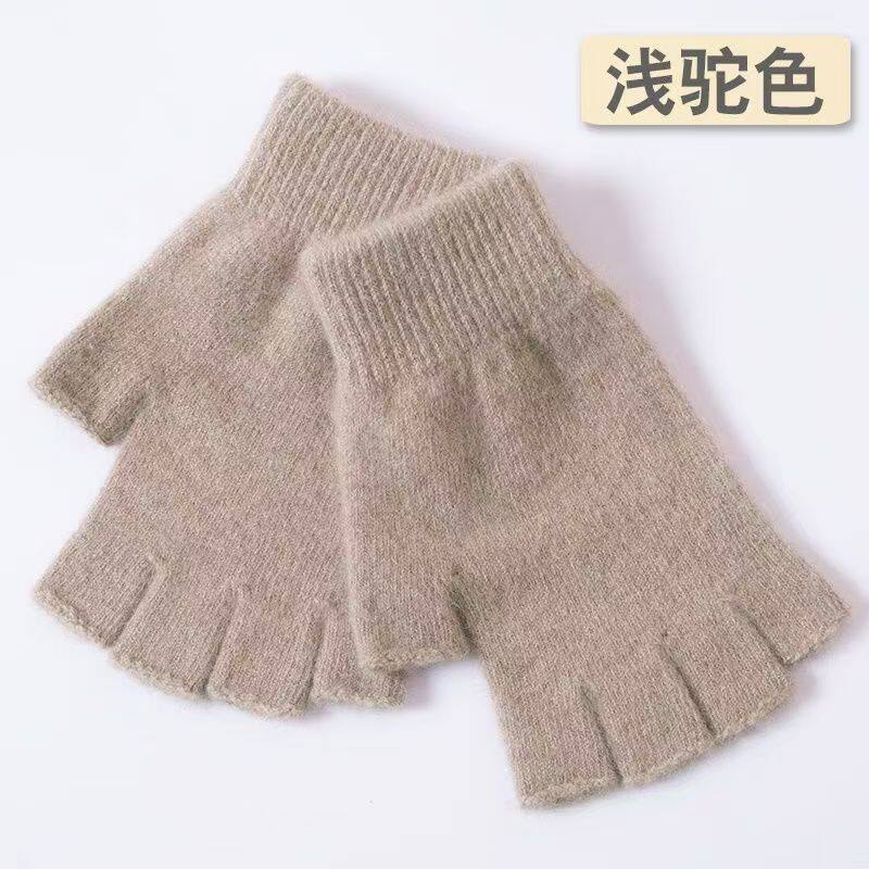 100%纯羊毛半指手套女士秋冬季新款分指露指男式手套学生针织保暖