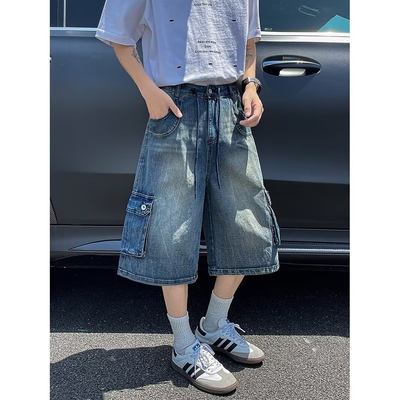 美式高街多口袋牛仔七分裤男女夏季潮牌宽松水洗阔腿裤过膝短裤子