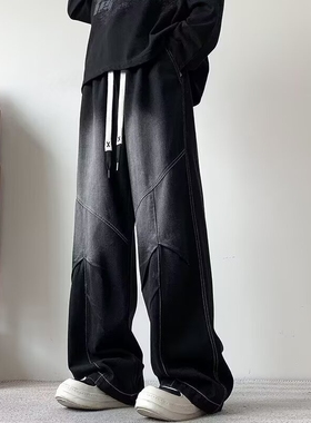 美式复古抽绳牛仔裤男式宽松直筒阔腿长裤百搭黑色潮流裤子春季夏