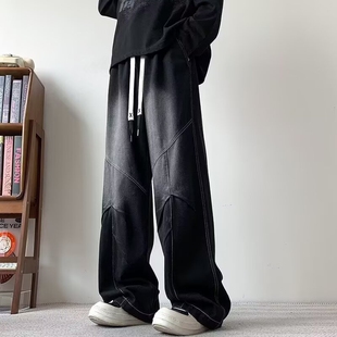 系绳复古牛仔裤男ins宽松大码直筒夏季港风潮流百搭休闲裤子男生