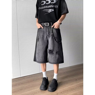 复古破洞工装阔腿牛仔七分裤女夏美式高街宽松中裤做旧夏季短裤男