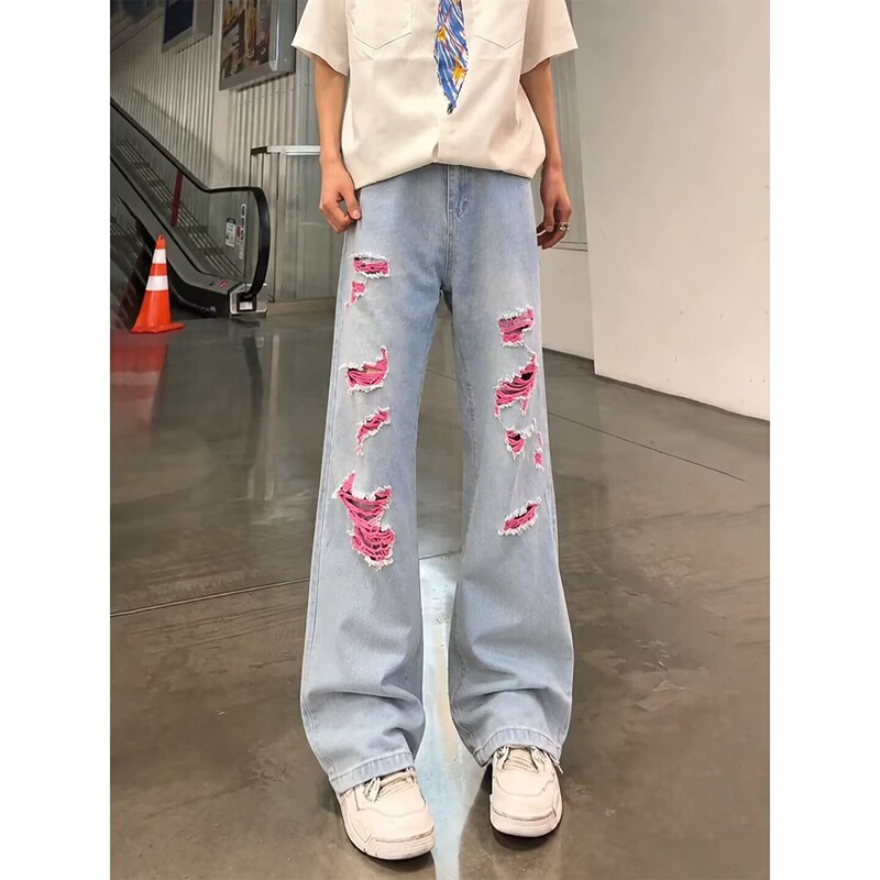 美式破洞牛仔裤男款夏薄款潮牌痞帅高级感微喇裤子窄版显瘦直筒裤图片