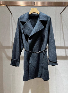 2024年秋冬季新款灰色西装领收腰腰带显瘦羊毛呢大衣外套Q140904D