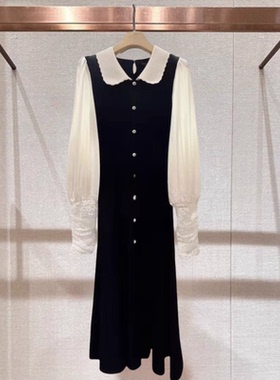 2024年秋季新款黑色娃娃领拼接单排扣长袖针织连衣裙女Q141702D