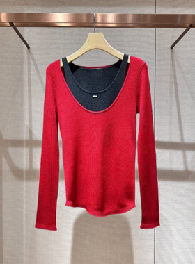 2026春季新款低圆领拼接撞色长袖修身两件套针织衫女上衣XSJ1M09C