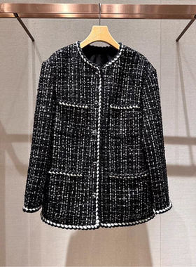 2024年冬季新款气质亮片格子小香风单排扣宽松粗毛呢外套Q162203D