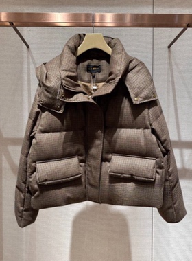 2024年冬季新款连帽翻领复古格纹时尚百搭羽绒服外套上衣Q165103E