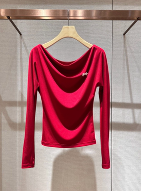 2026春季新款一字肩拼接蝴蝶结长袖修身显瘦百搭针织衫女XSJ1S04C