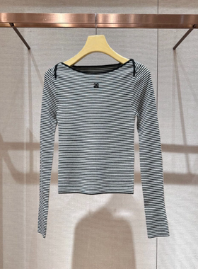 2025年冬季新款一字肩撞色拼接条纹修身长袖针织衫女上衣XRJ7M04B