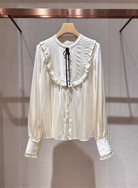 2024年冬季新款拼接荷叶边蝴蝶结桑蚕丝长袖衬衫上衣女Q161602D
