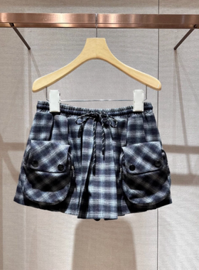 2025冬季新款松紧腰系带蝴蝶结黑白格子拼接口袋短款裙裤XRJ7Q01B