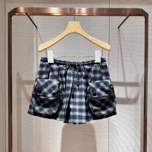 2025冬季新款松紧腰系带蝴蝶结黑白格子拼接口袋短款裙裤XRJ7Q01B