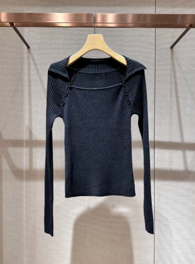 2025年冬季新款一字领拼接纽扣纯色修身长袖针织衫女上衣XRJ7M06B