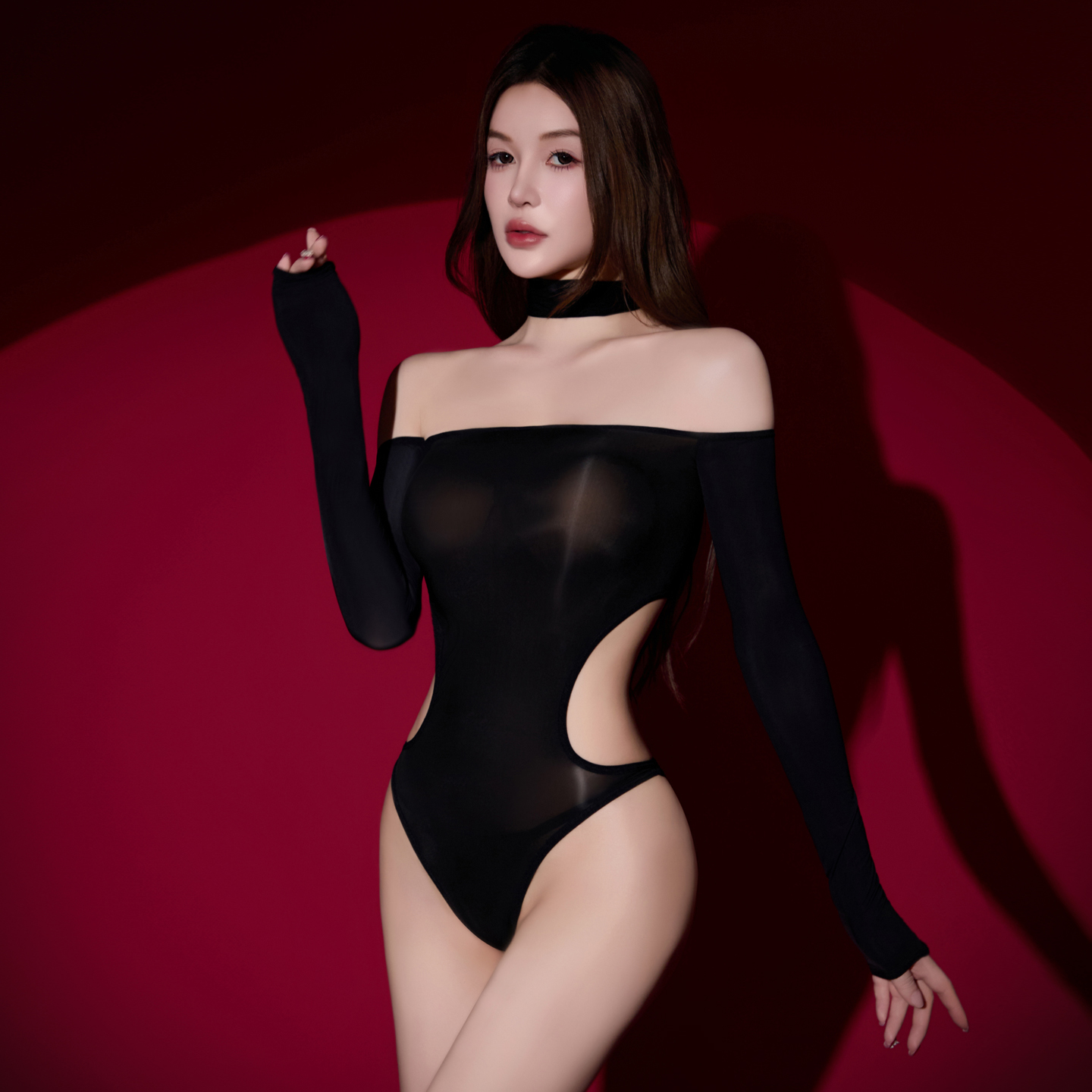 卿荷性感猎欲一字肩马油连体衣