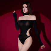 卿荷性感 猎欲 一字肩马油亮光镂空连体衣丝滑情趣透视辣妹丝袜