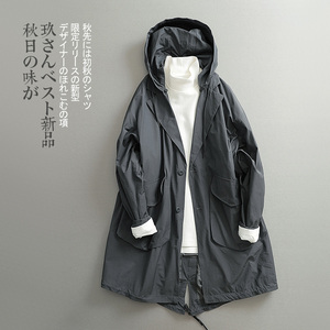 【见川】 秋季日系复古 可脱卸帽水洗棉燕尾风衣外套