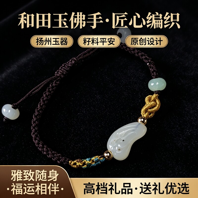 原创扬州玉器和田玉雕刻小件佛手编织手链籽料平安挂件高档小礼品
