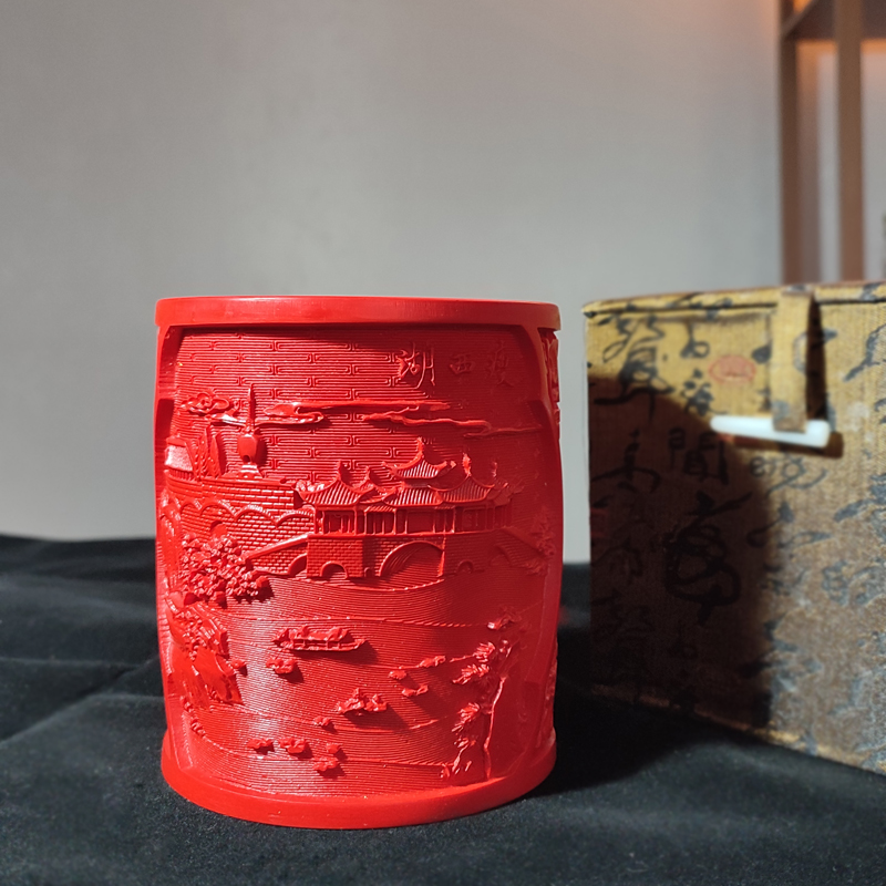 扬州漆器雕漆笔筒国风摆件瘦西湖