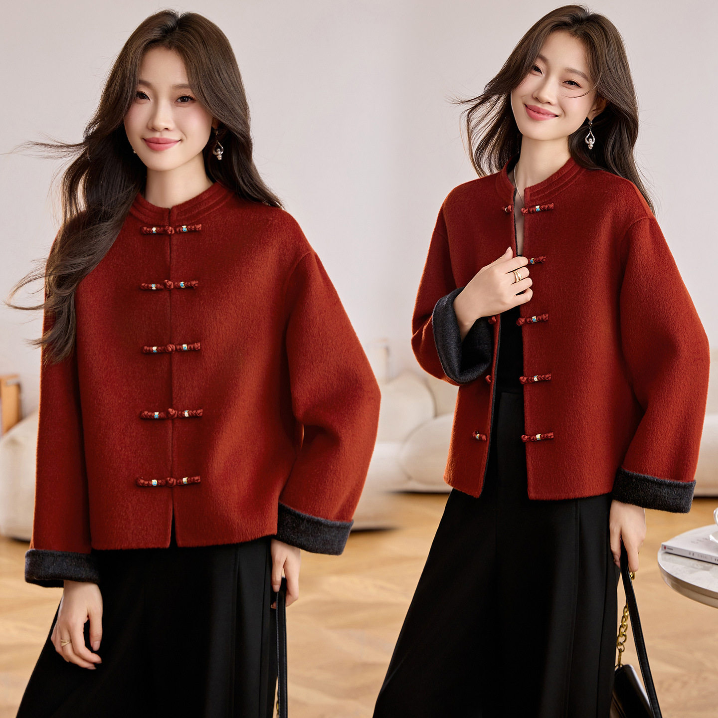 新中式国风复古盘扣毛呢外套女秋冬短款时尚显瘦红色双面羊毛大衣